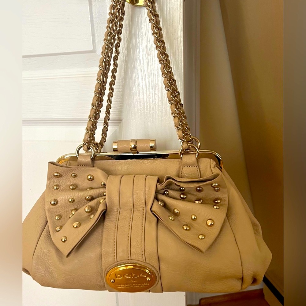 Bebe fancy tan and gold bag never used new condition